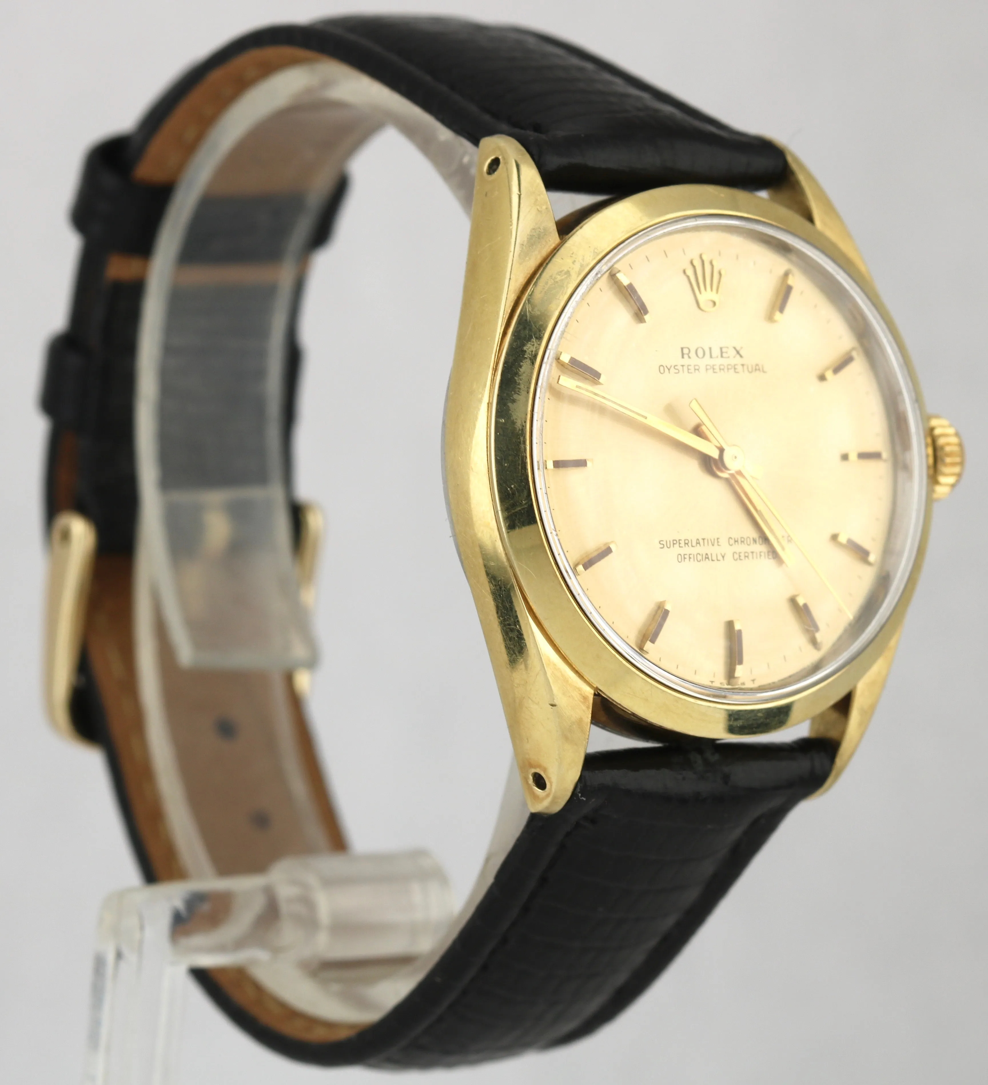 Vintage Rolex Oyster Perpetual Champagne 34mm 14K Gold Shell Leather Watch 1024