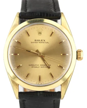 Vintage Rolex Oyster Perpetual Champagne 34mm 14K Gold Shell Leather Watch 1024