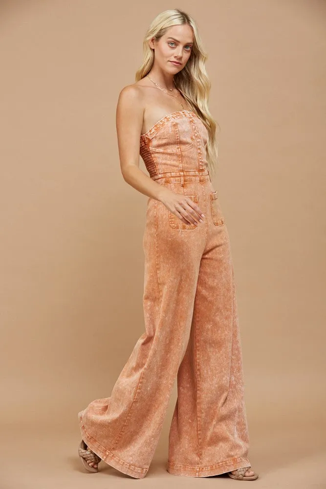 Vintage Rust Strapless Wide Leg Denim Jumpsuit *RESTOCK