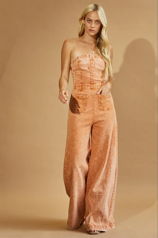 Vintage Rust Strapless Wide Leg Denim Jumpsuit *RESTOCK